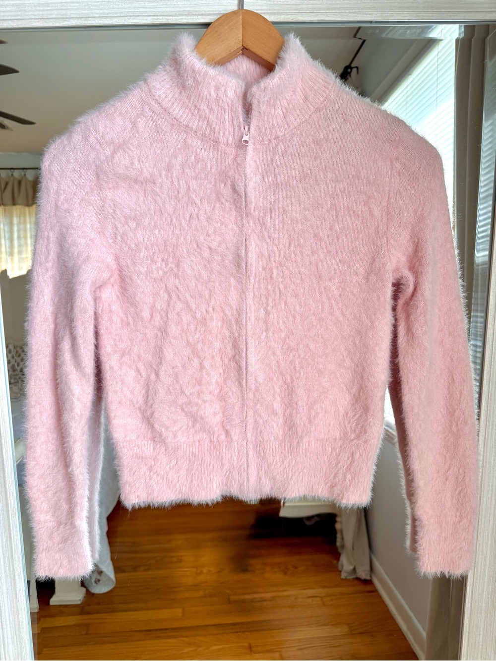 No Boundaries Blush Light Pink Fuzzy Zip Front Mock Neck Cardigan Sweater